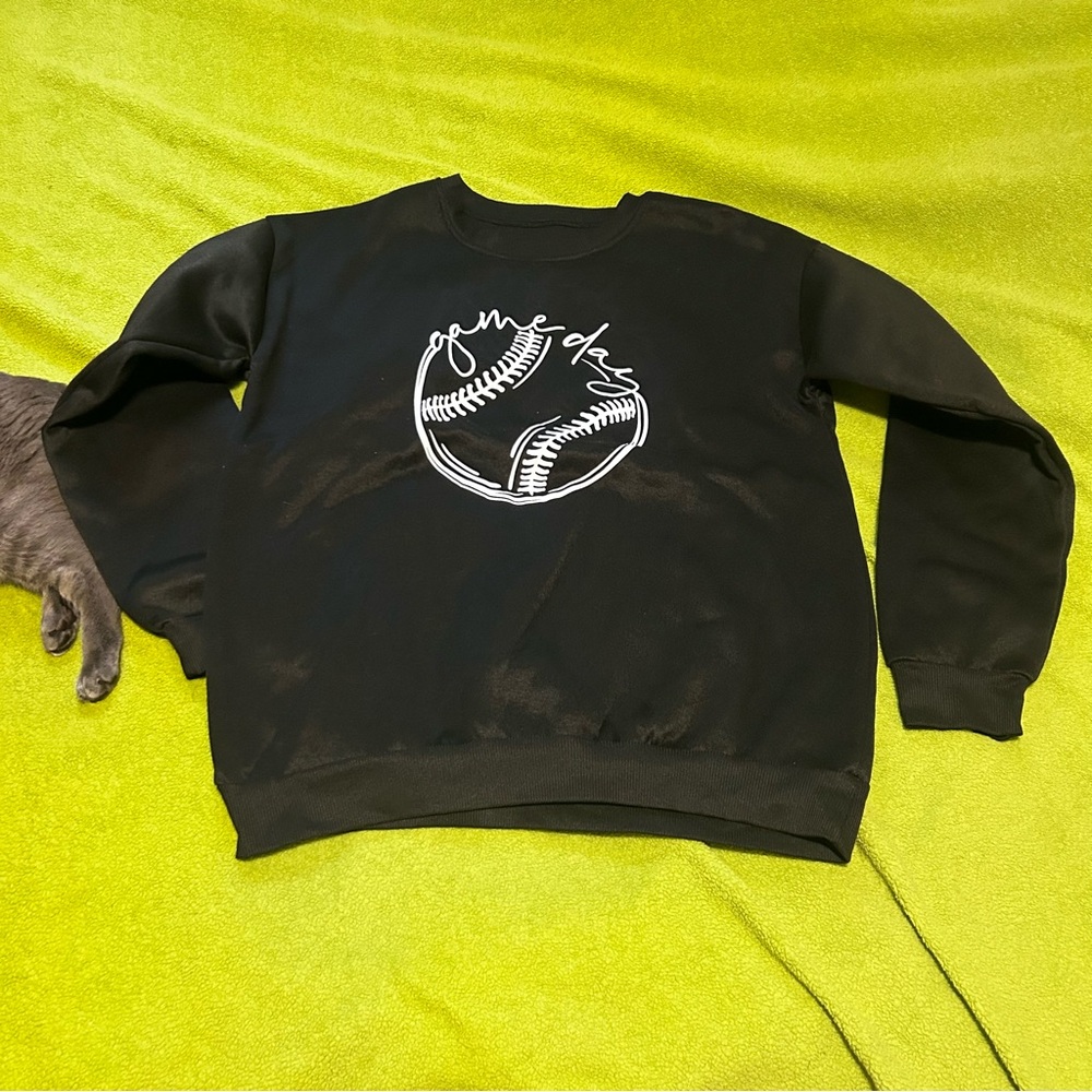 Black Game Day Crewneck Sweater with Baseball Graphic